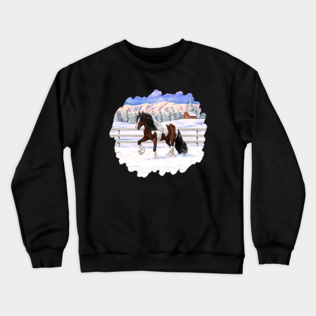 Bay Brown Pinto Skewbald Gypsy Vanner Draft Horse Trotting in Snow Crewneck Sweatshirt by csforest